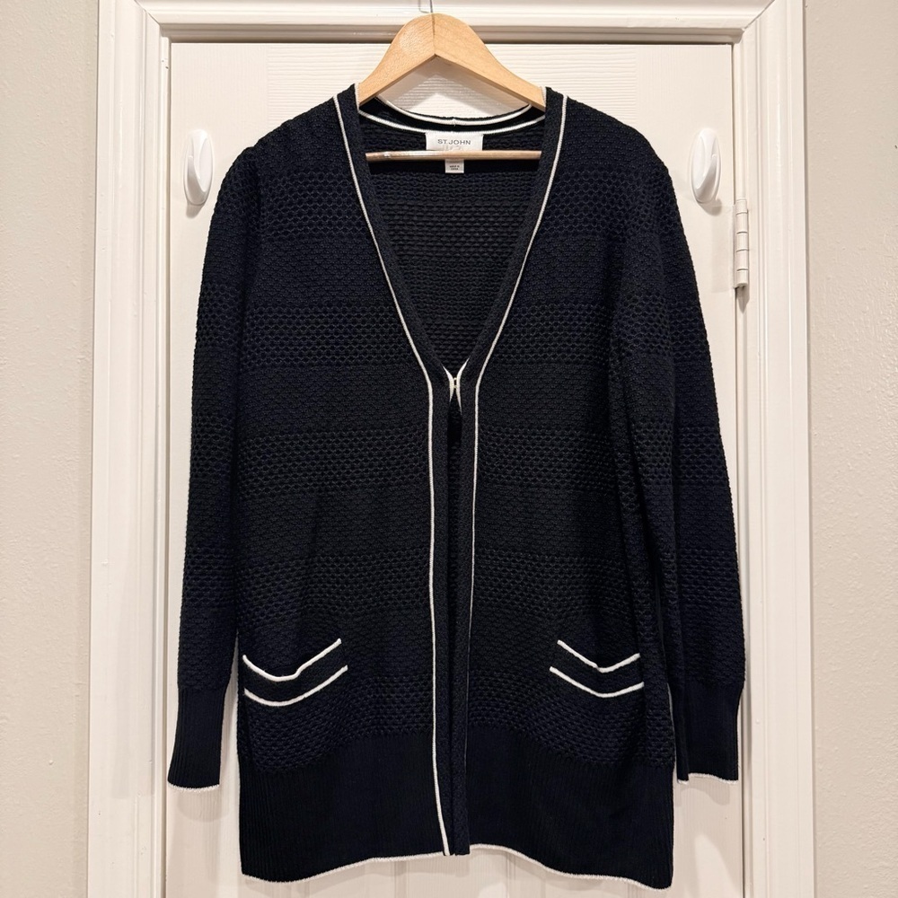 ST. JOHN Cardigan Women’s Large Black White Trim Pockets Cotton Wool Cashmere